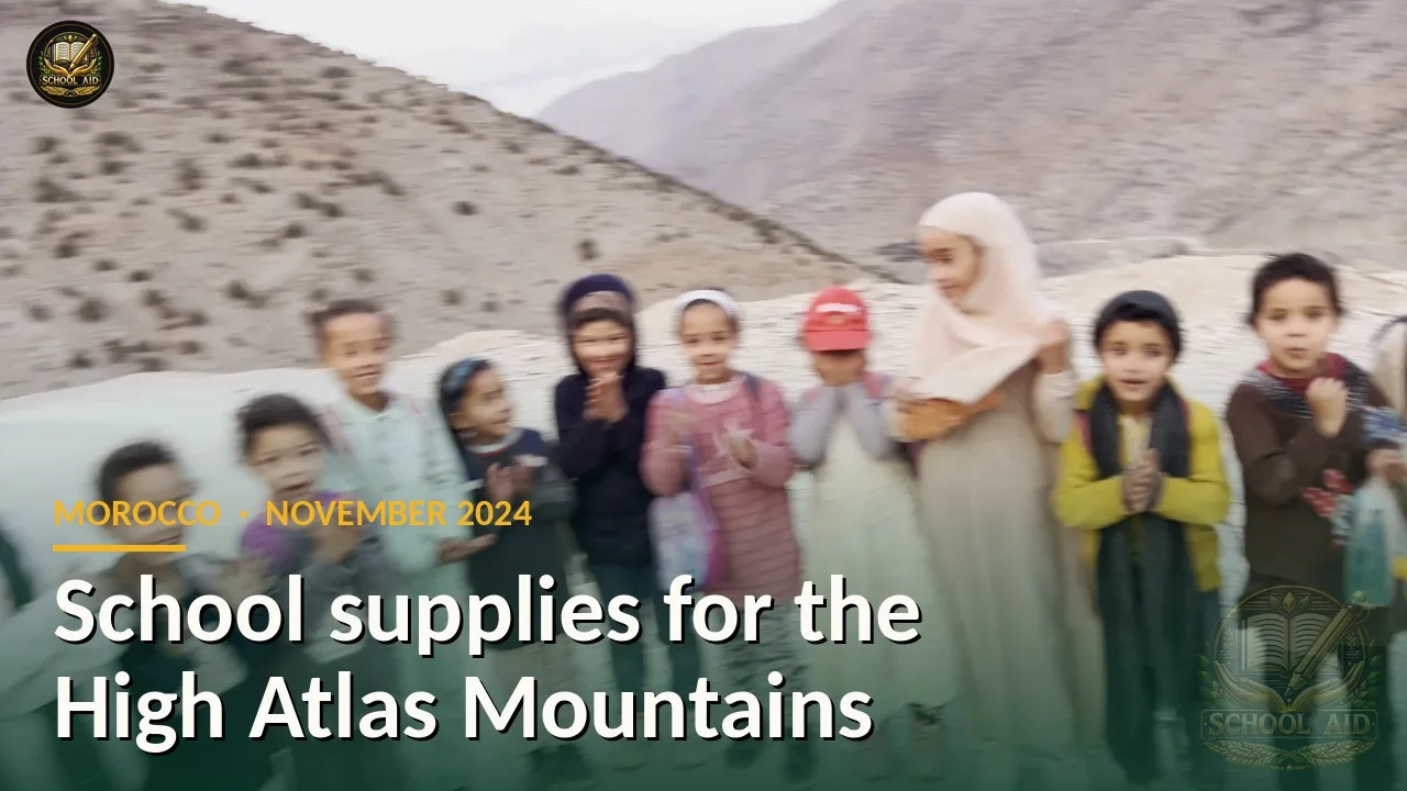 School supplies for the High Atlas Mountains: children in line to receive school supplies